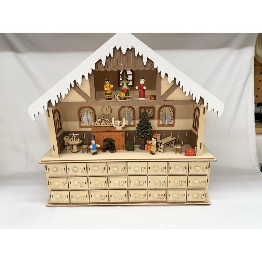 Lighted Wooden Advent Calendar 3D Holiday HomeScene LED 24 Drawers 15" Tall - Picture 2 of 11
